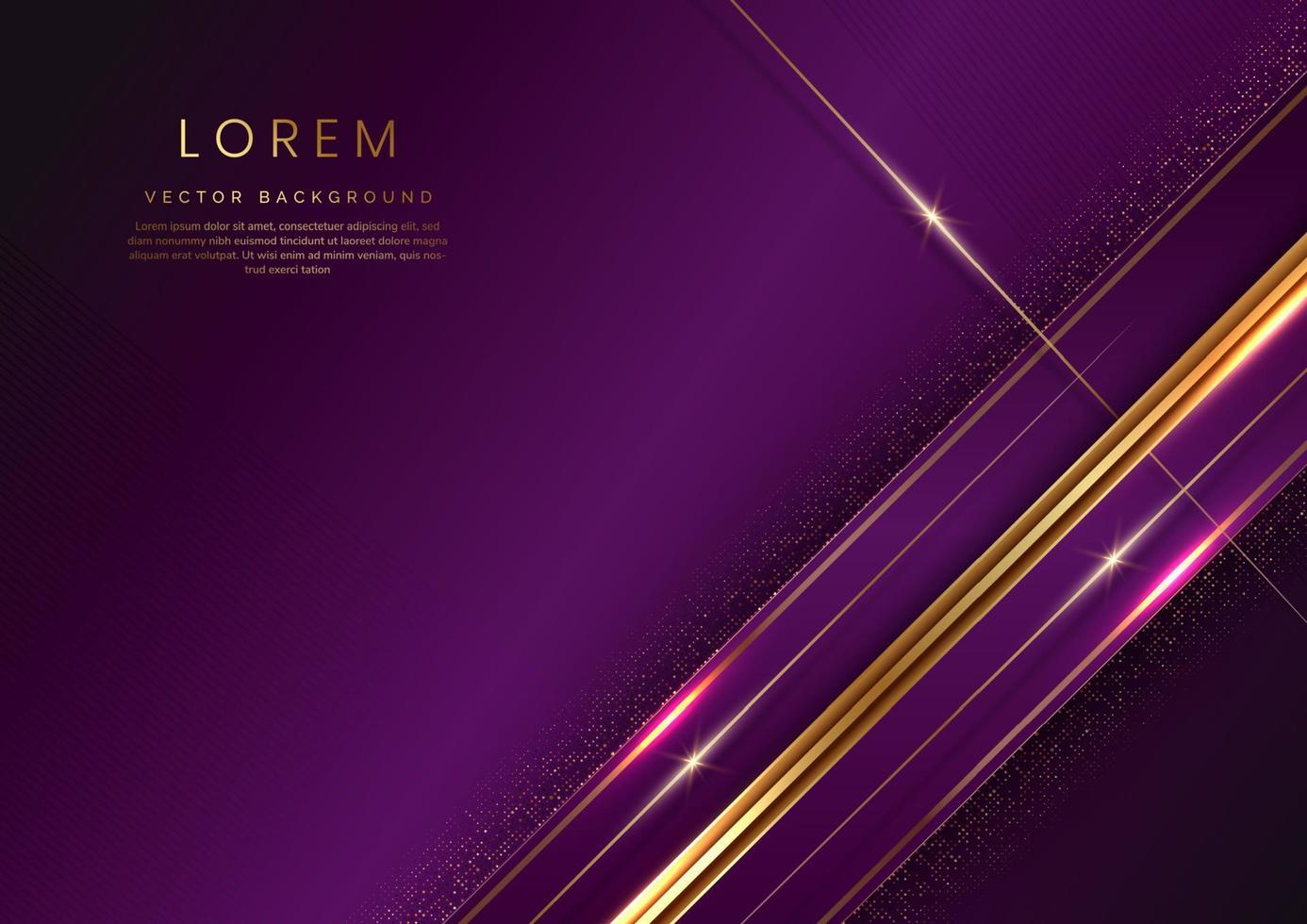 Abstract luxury violet geometric diagonal overlay layer background with golden lines. vector