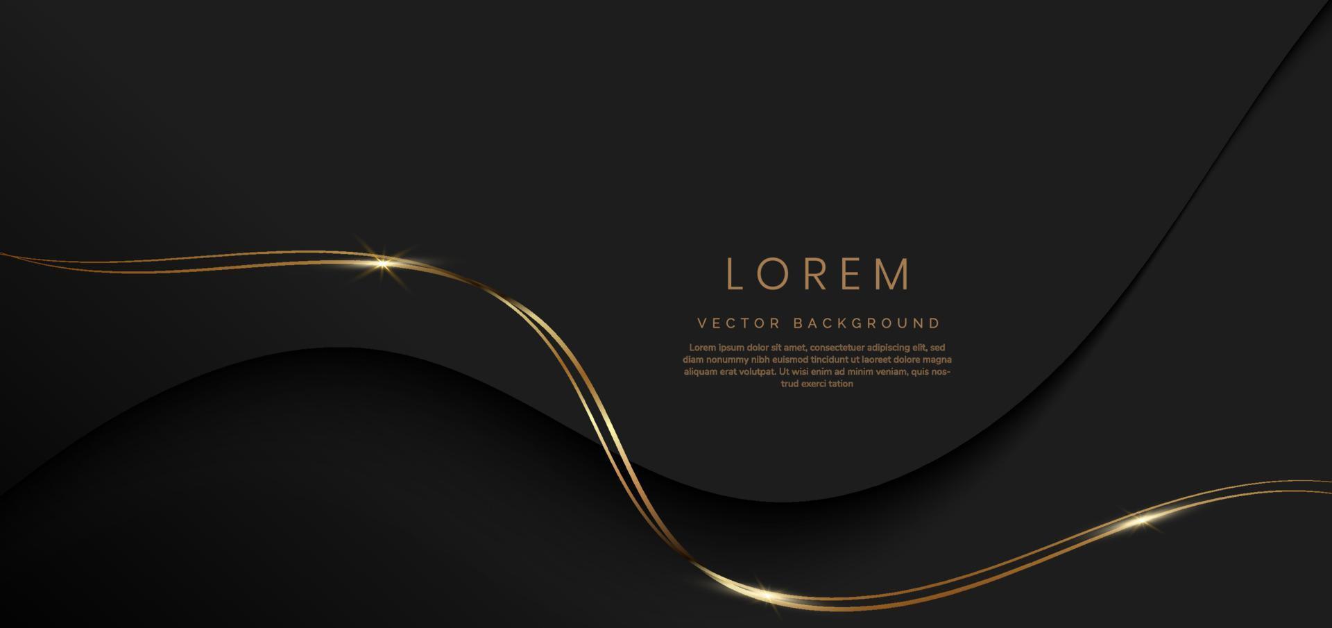 Abstract 3d black background with gold lines curved wavy sparkle with copy space for text. Luxury style template design. vector