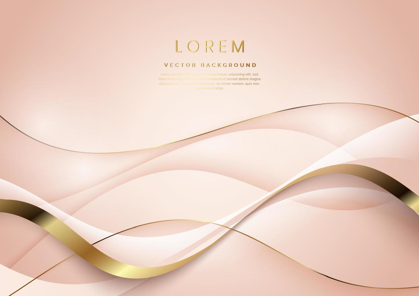 Abstract 3d template rose gold background with gold lines curved wavy sparking with copy space for text. Luxury style. vector