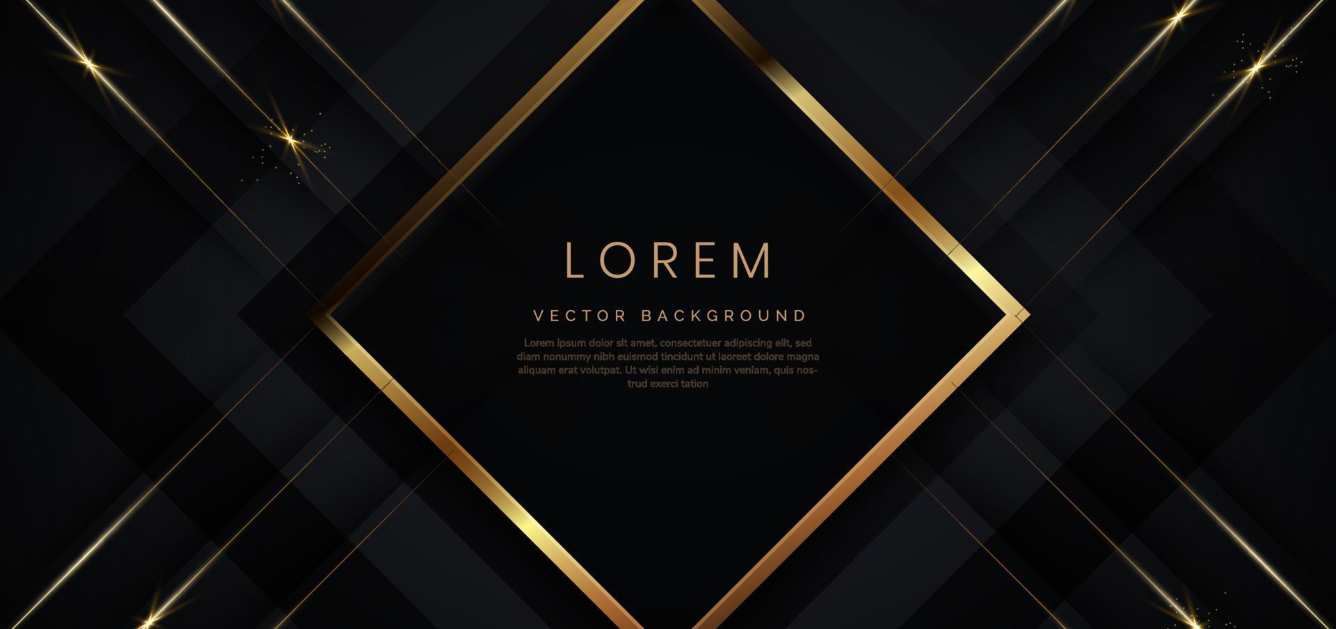 Abstract 3D black luxury geometric diagonal overlapping shiny black background with lines golden glowing with copy space for text. vector