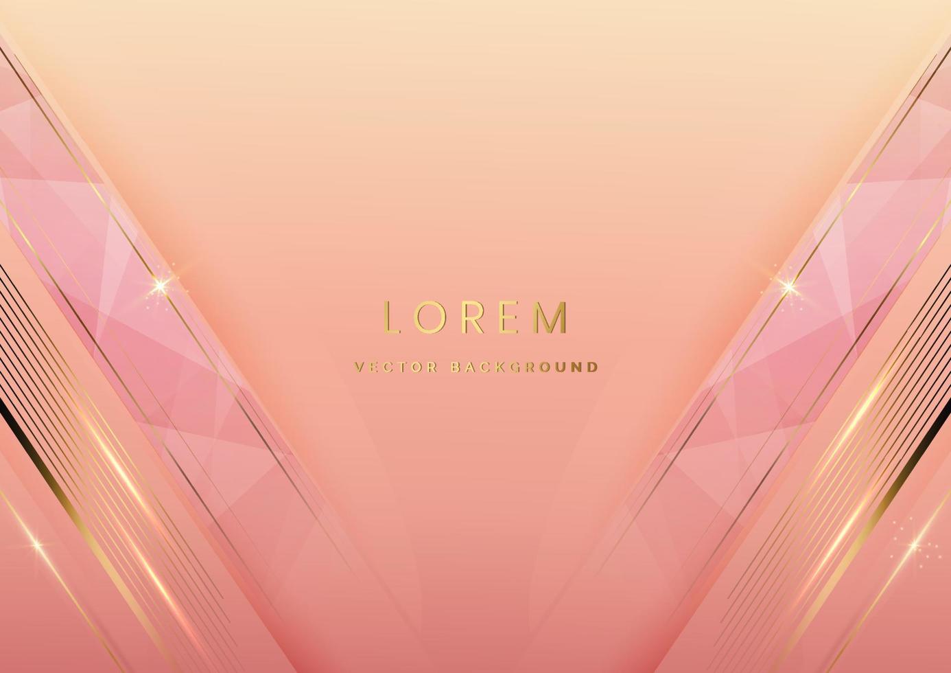 Abstract 3d template rose gold background with gold lines diagonal sparking with copy space for text. Luxury style. vector