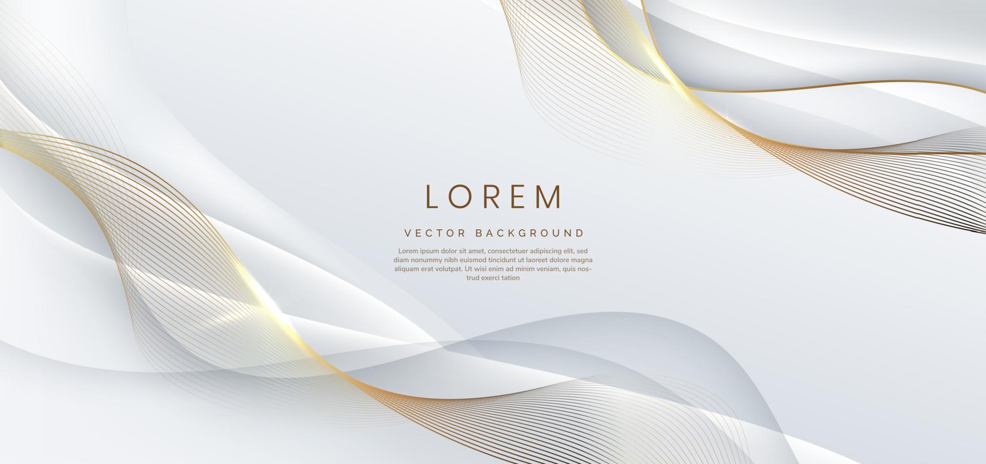Abstract 3d white background with gold lines curved wavy sparkle with copy space for text. Luxury style template design. vector
