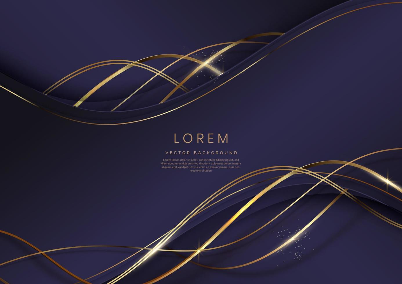 Luxury concept template 3d purple curve shape on violet elegangt background and golden ribbon line with copy space for text. vector