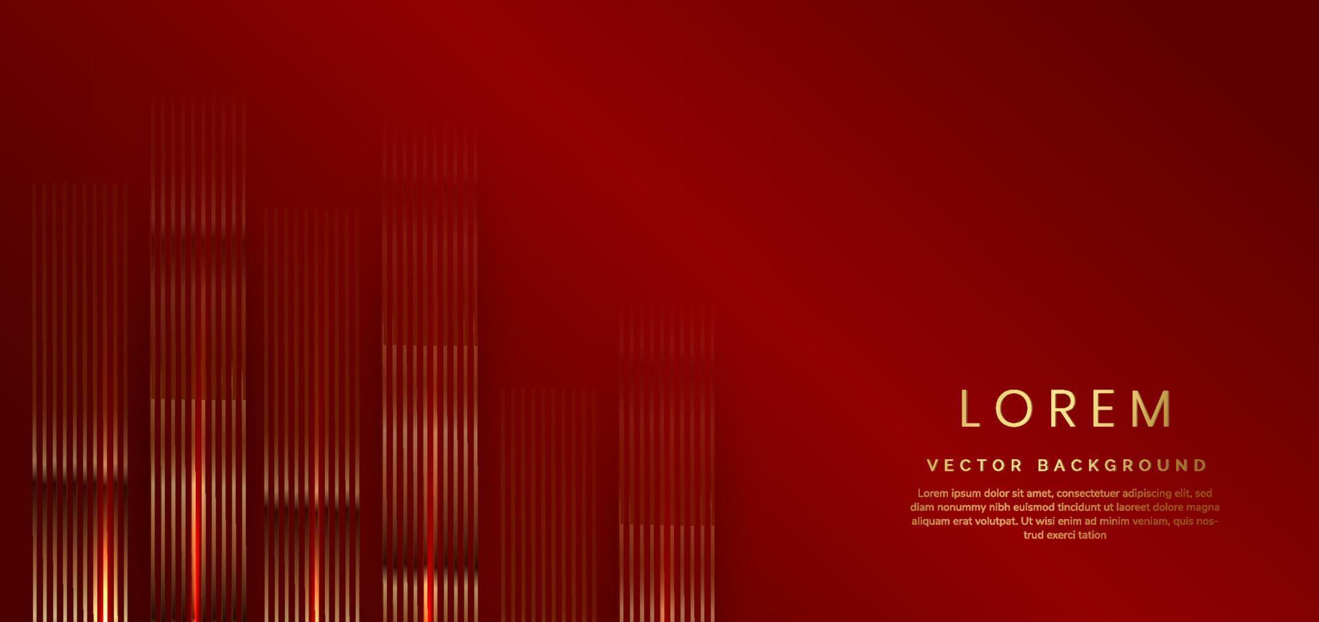 Abstract 3D luxury template shiny red background with lines golden glowing sparkle. vector