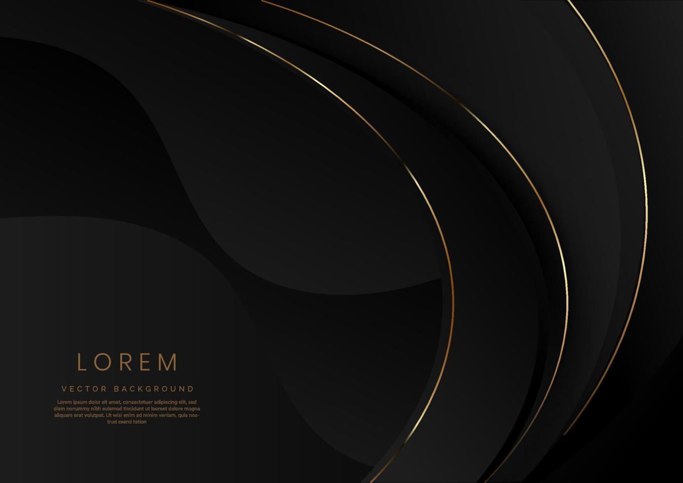 Abstract 3d black background with gold lines curved wavy sparkle with copy space for text. Luxury style template design. vector