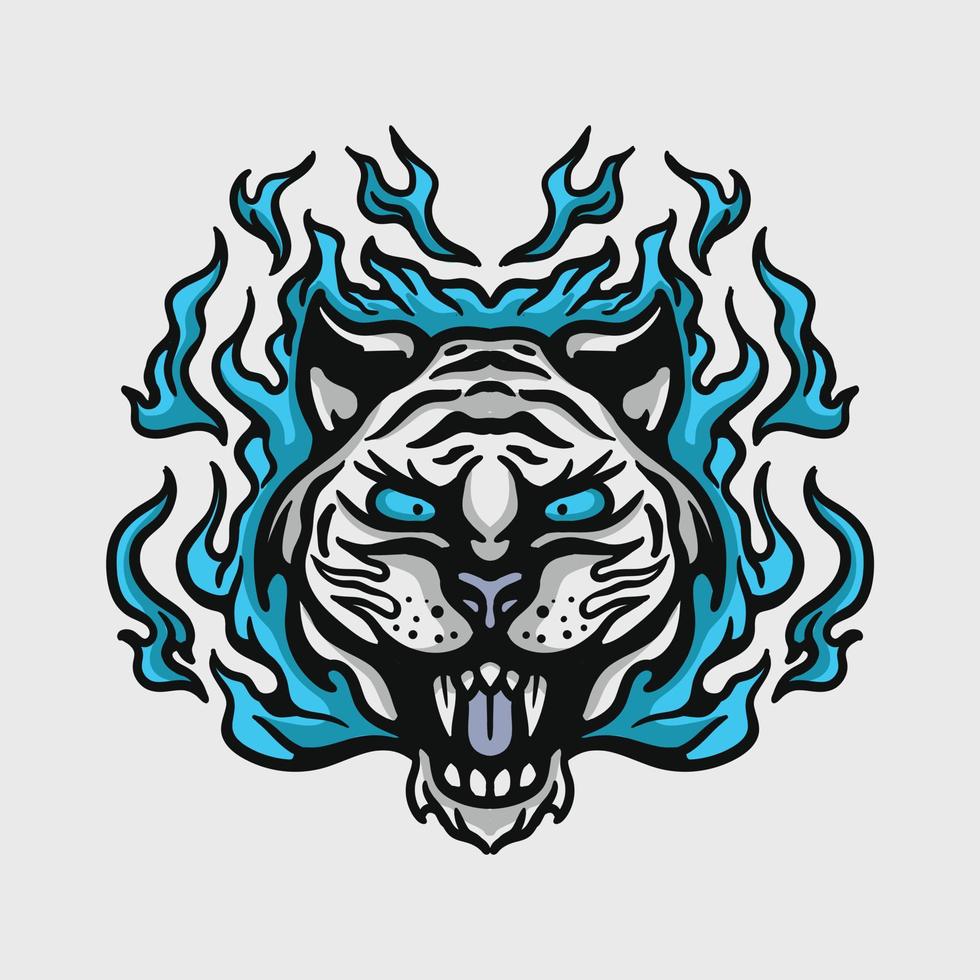 illustration of a white tiger head with blue flames vector