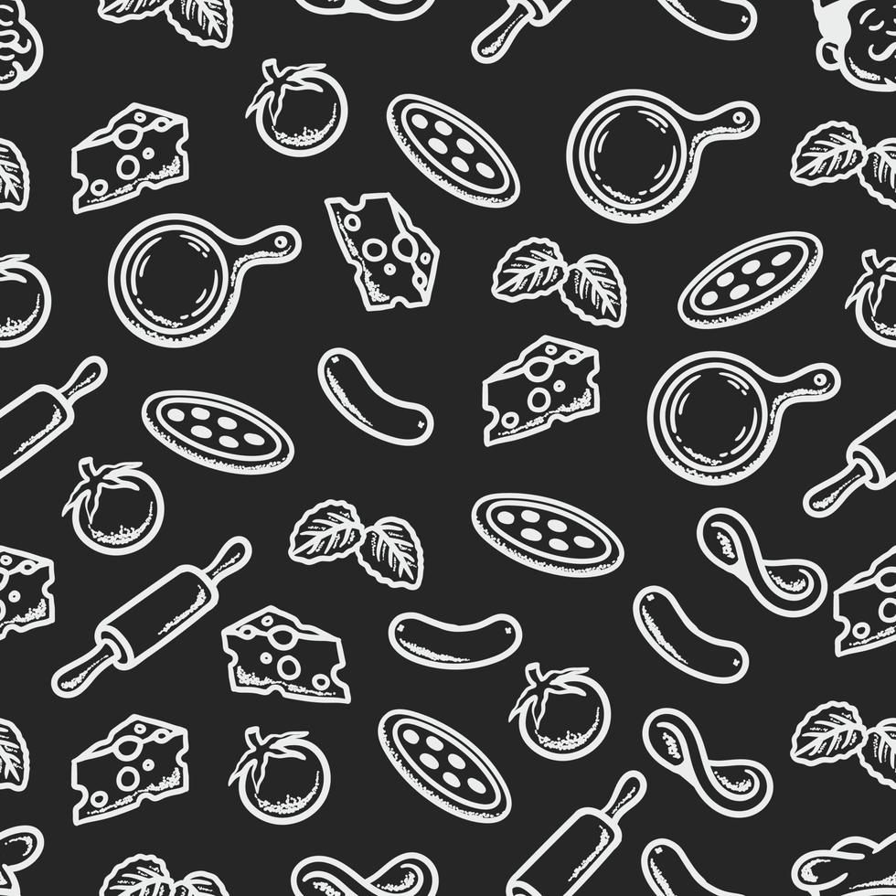 pizza ingredients seamless pattern in monochrome style vector