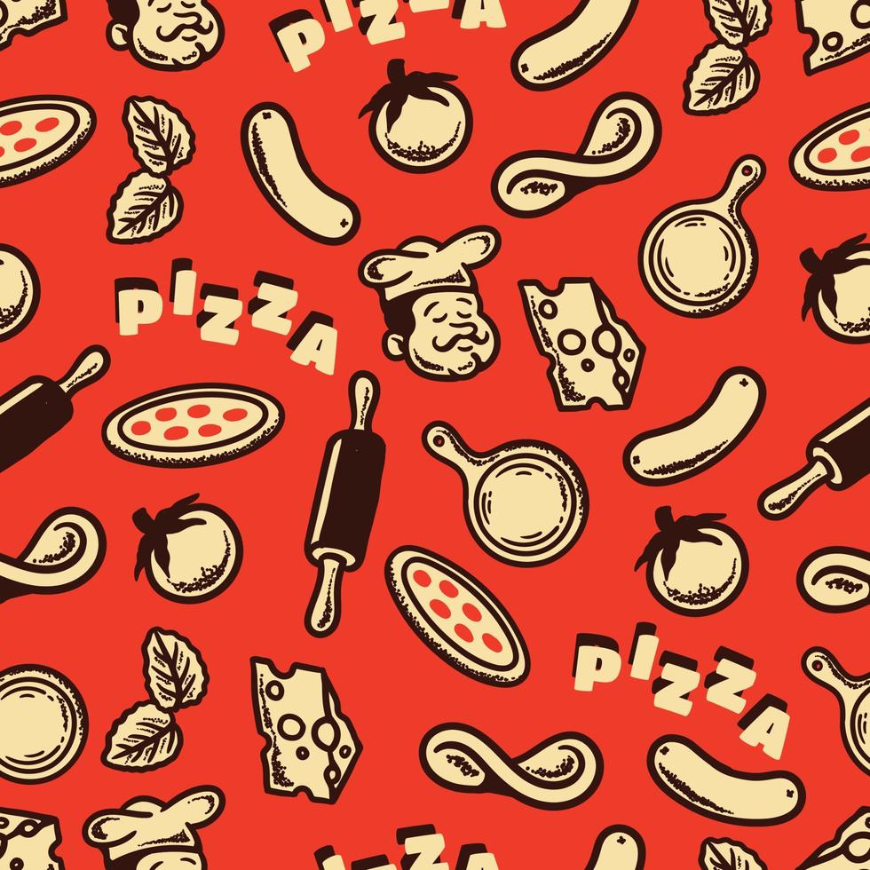 patrón de ingredientes de pizza en estilo vintage con fondo rojo vector