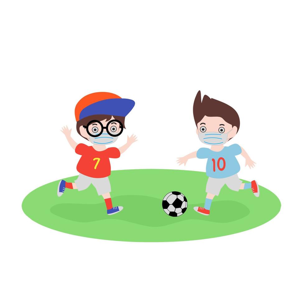 niños felices enmascarados jugando al fútbol vector