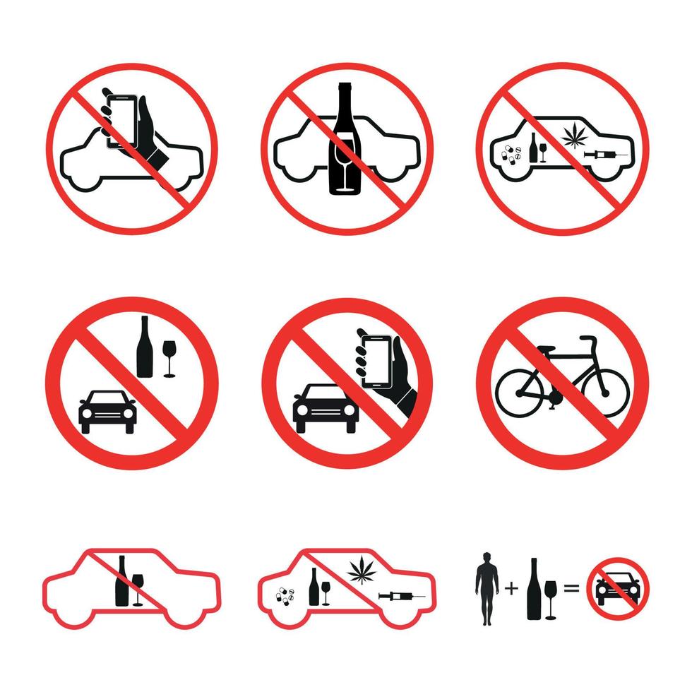 Set of signs prohibited alcohol, drugs driving a car vector