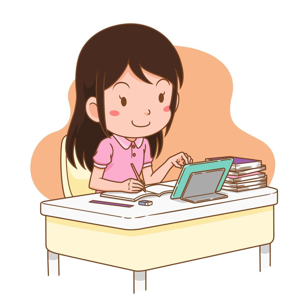 Cartoon illustration of girl studying online from home. vector