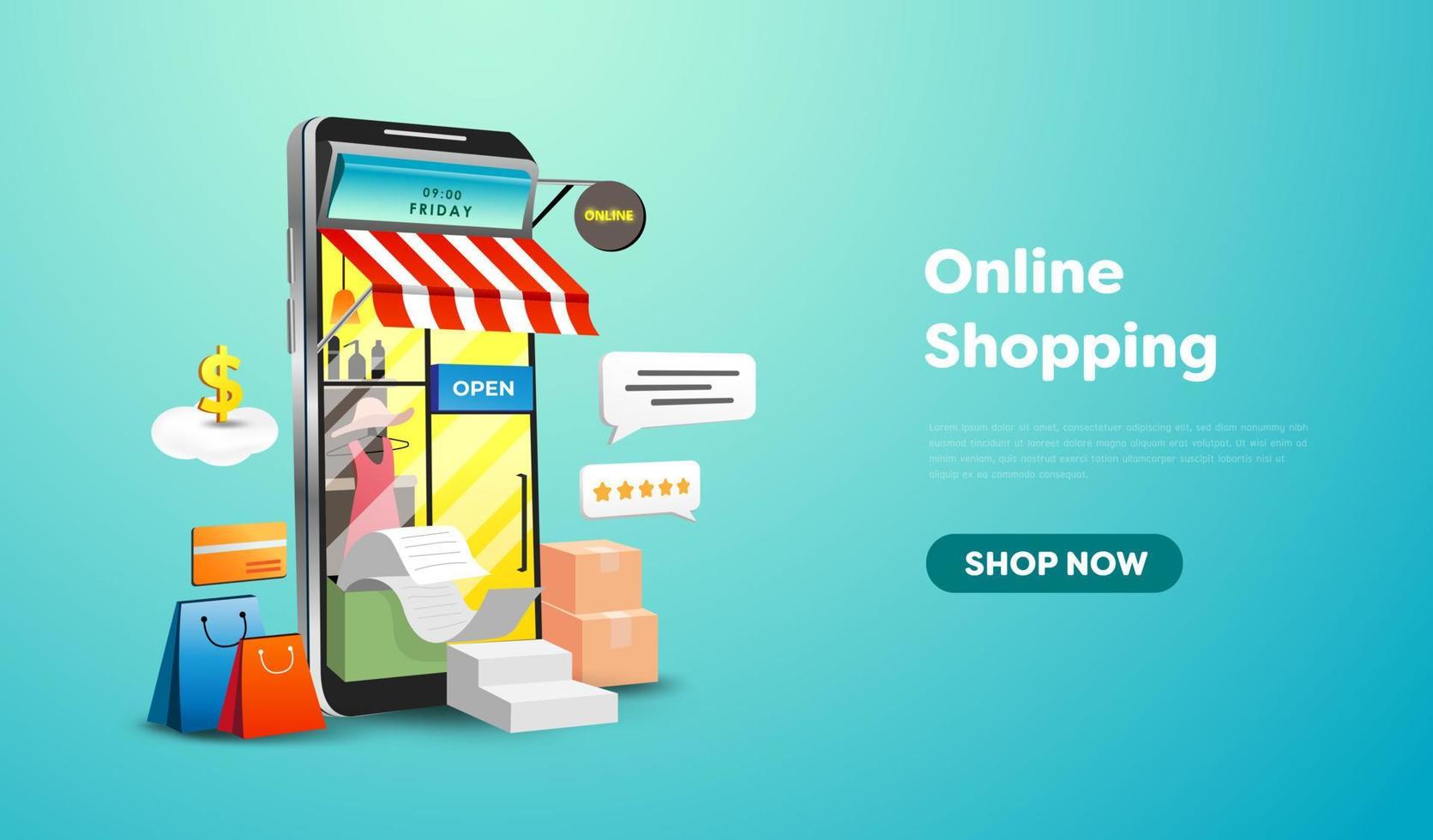 Online shopping store on website and mobile phone design. Smart business marketing concept. Horizontal view. Vector Illustration