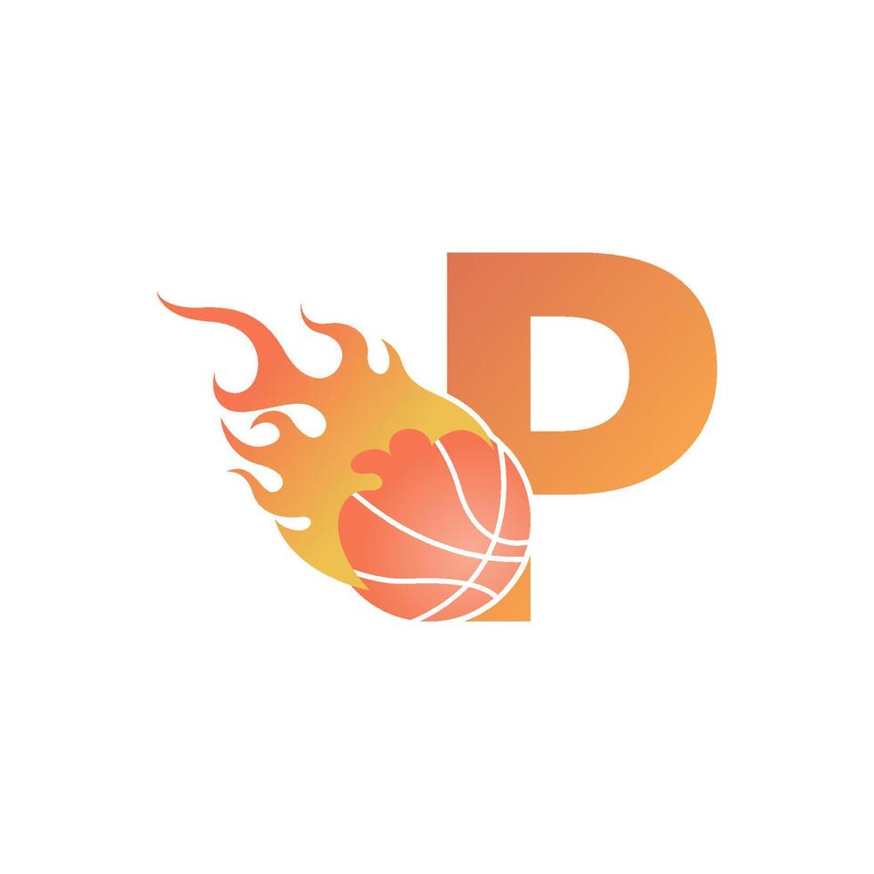 letra p con pelota de baloncesto en la ilustración de fuego vector