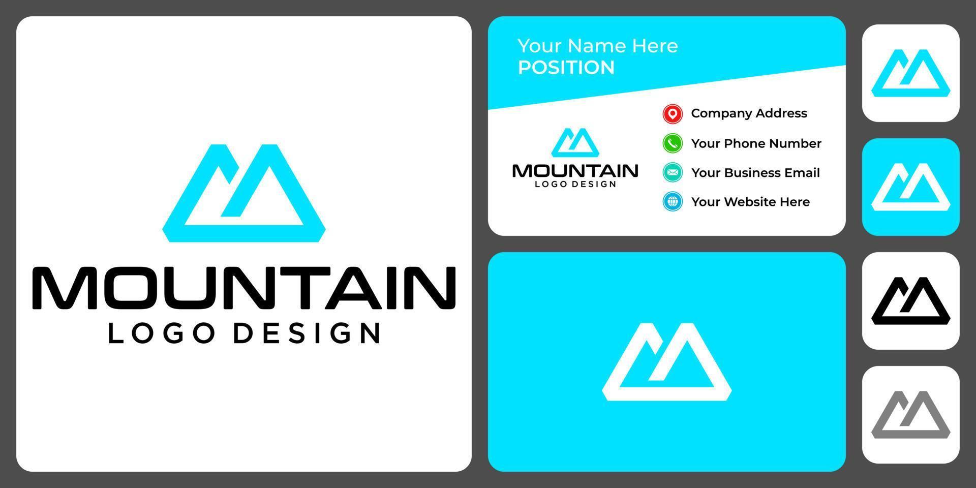 diseño de logotipo de montaña con monograma de letra m con plantilla de tarjeta de visita. vector