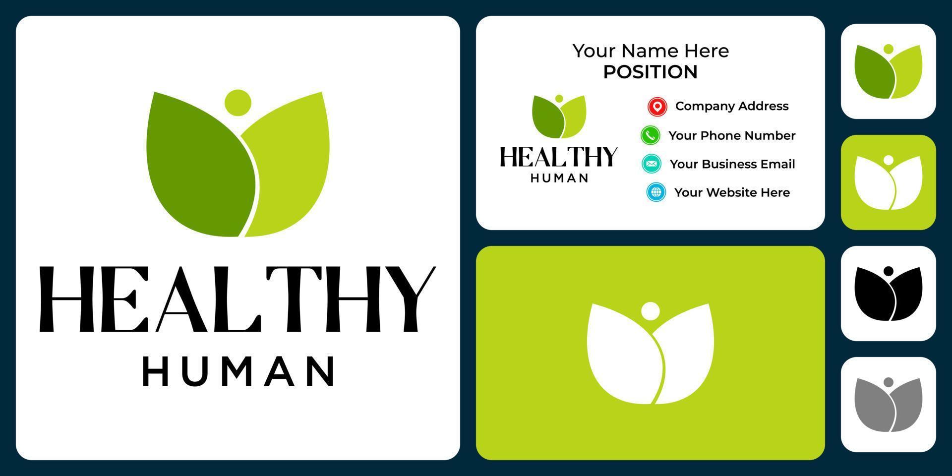Human healthy logo design with business card template. vector