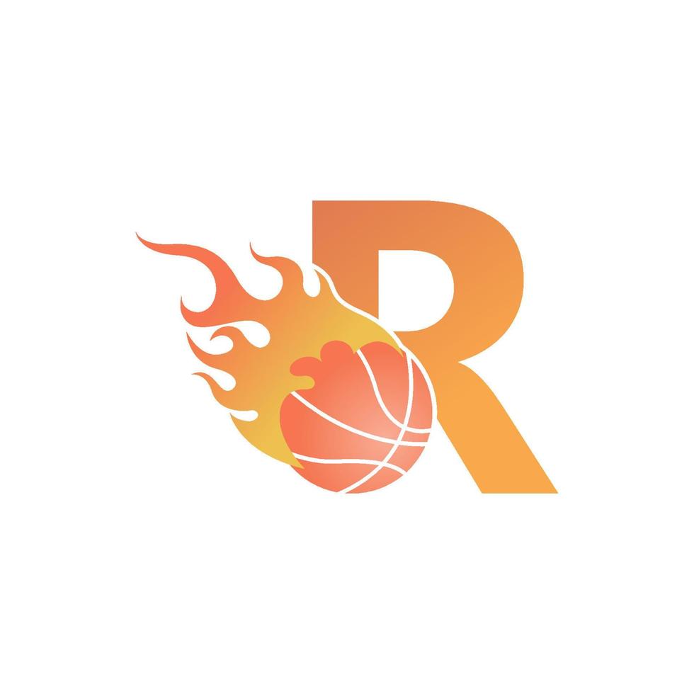 Letter R with basketball ball on fire illustration vector