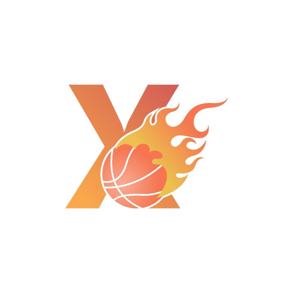 Letter X with basketball ball on fire illustration vector