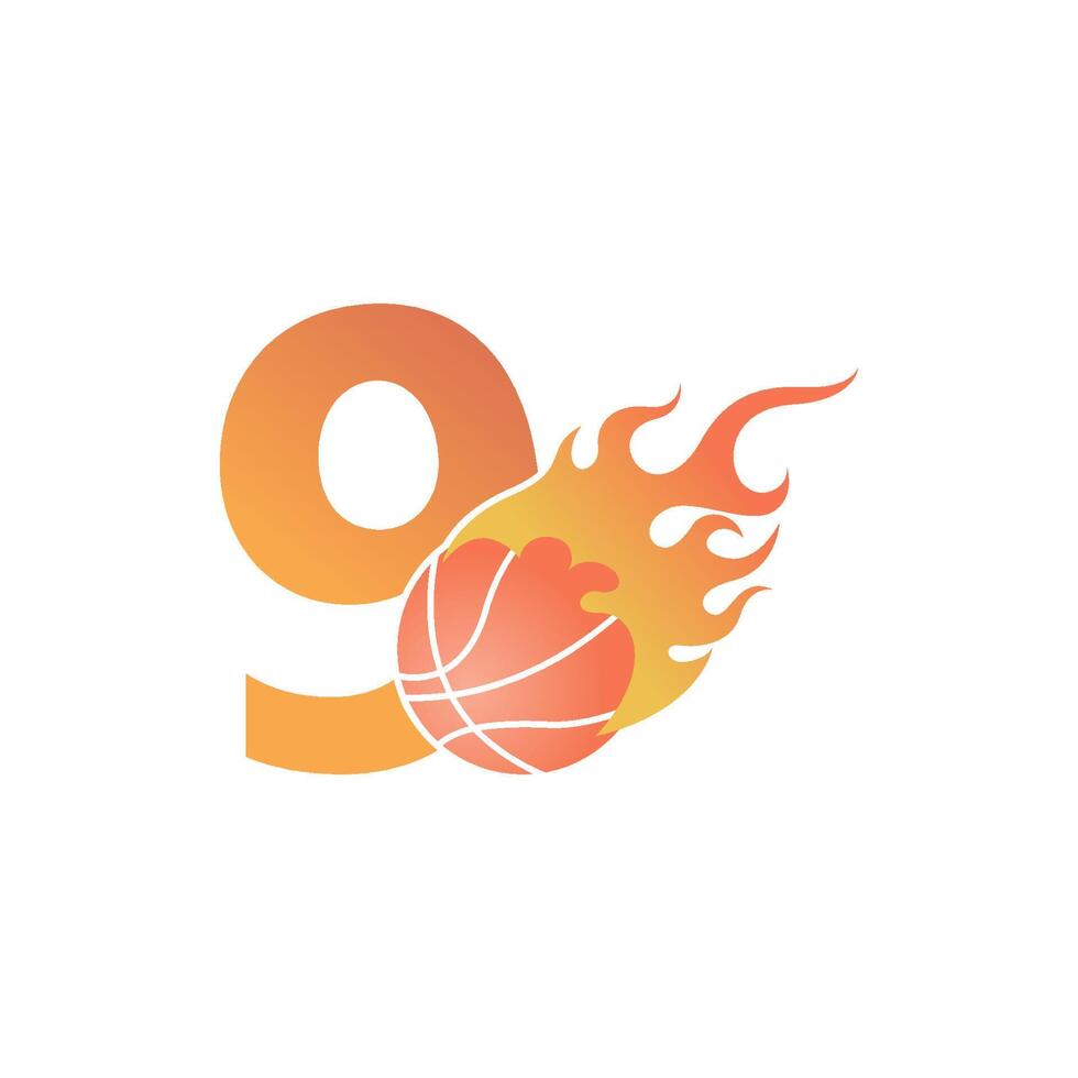 número 9 con pelota de baloncesto en llamas ilustración vector