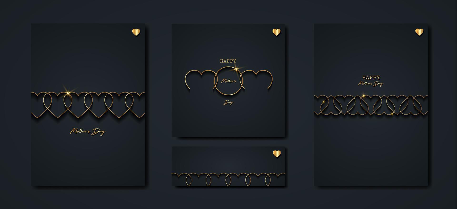 Happy Mothers day vector set greeting card. Gold Mom hearts on black background. Golden holiday poster with text. Concept for mother's day banner, flyer, party invitation, gift shop, templates