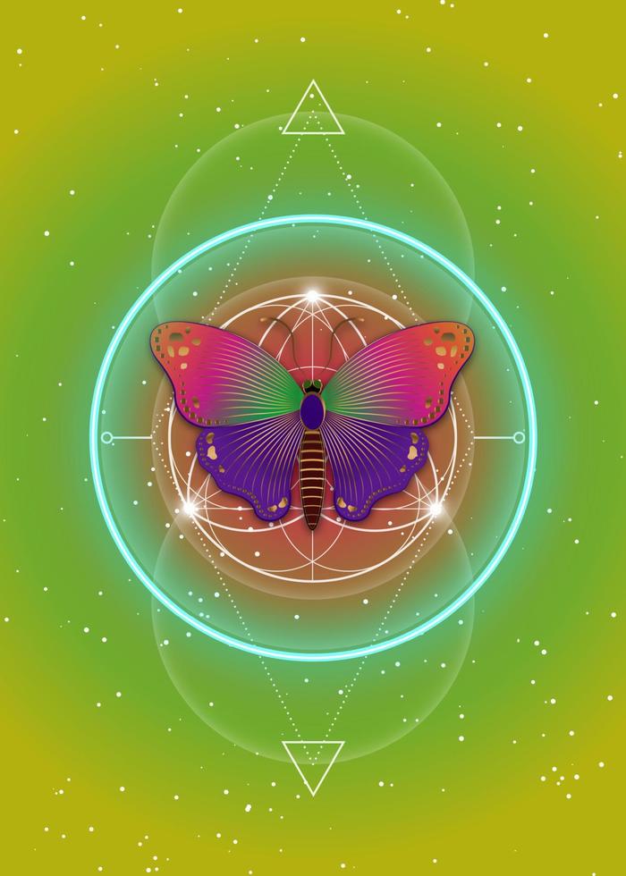 Butterfly over mandala, Sacred Geometry, logo Symbol of Harmony and Balance, Glowing Psychedelic neon. Colorful Geometrical Ornament, yoga relax, spirituality, vector yellow gradient background