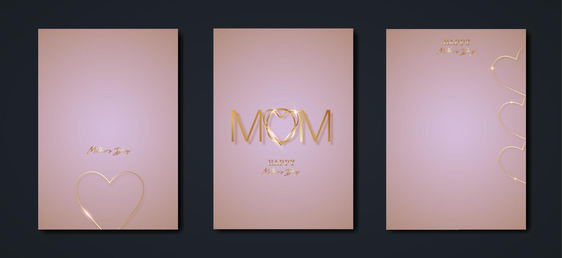 Happy Mothers day vector set greeting card. Gold Mom heart on pink background. Golden holiday poster with text. Concept for mother's day banner, flyer, party invitation, gift shop, vertical templates