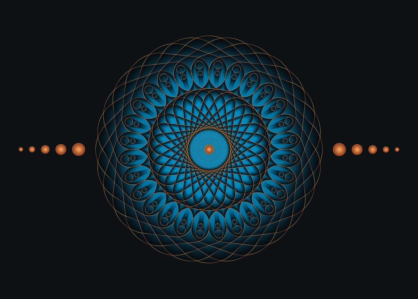 Sacred Geometry Mandala, blue flower gold meditative circle icon, geometric logo design, mystical religious wheel, Indian chakra concept, vector illustration isolated on black background