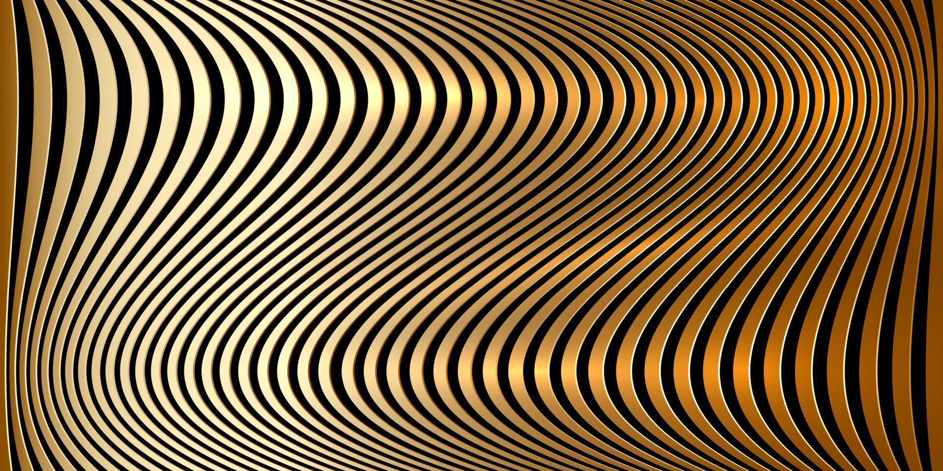 Gold wavy stripes banner. Psychedelic Africa zebra lines. Abstract pattern. Texture with wavy stripy curves. Optical art background. Wave golden luxury design, Vector illustration hypnotic template