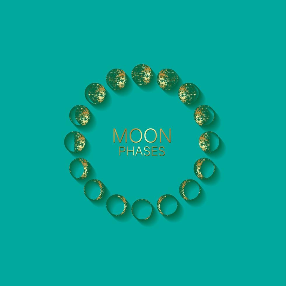 Moon phases astronomy icon set in gold foil round frame lunar cycle, full moon, waning, waxing, first quarter, gibbous, crescent, third quarter. Golden Vector Illustration on blue background