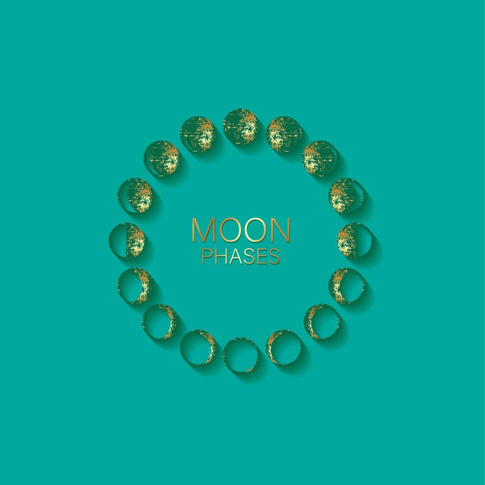 Moon phases astronomy icon set in gold foil round frame lunar cycle, full moon, waning, waxing, first quarter, gibbous, crescent, third quarter. Golden Vector Illustration on blue background