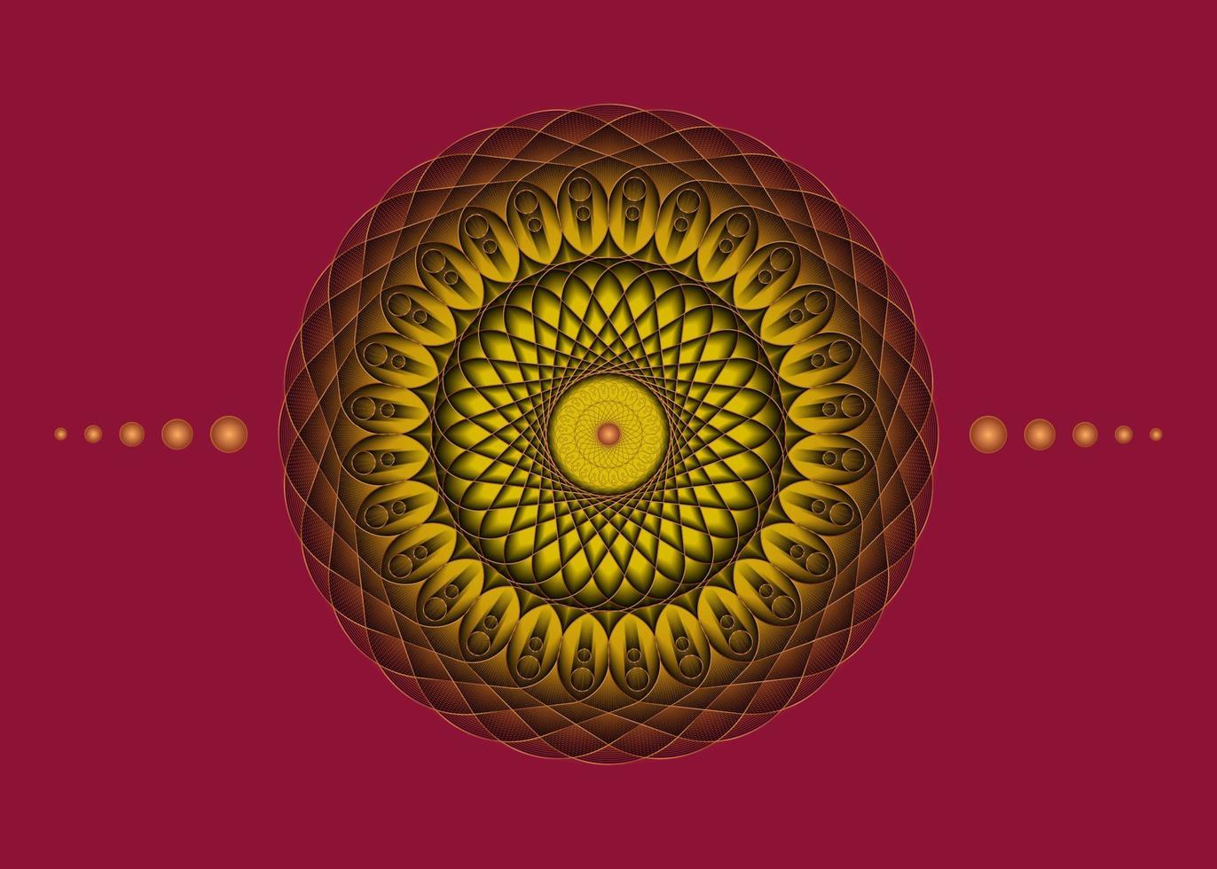 Sacred Geometry Mandala, luxury yellow flower gold meditative circle icon, geometric logo design, mystical religious wheel, Indian chakra concept, vector illustration isolated on red background