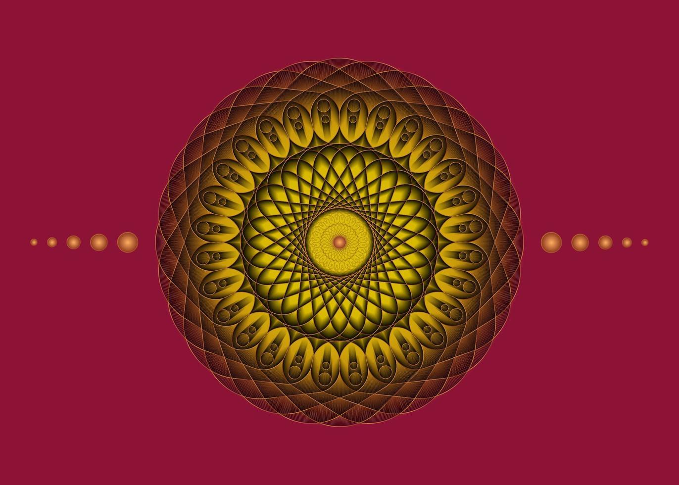 Sacred Geometry Mandala, luxury yellow flower gold meditative circle icon, geometric logo design, mystical religious wheel, Indian chakra concept, vector illustration isolated on red background