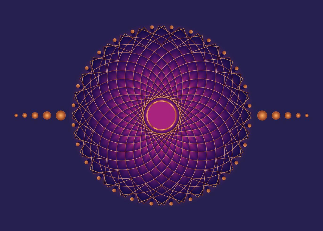 Sacred Geometry Mandala, pink flower gold meditative circle icon, geometric logo design, mystical religious wheel, Indian chakra concept, vector illustration isolated on purple background