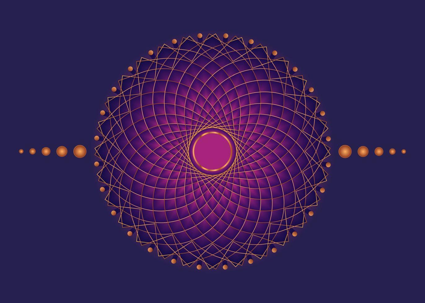 Sacred Geometry Mandala, pink flower gold meditative circle icon, geometric logo design, mystical religious wheel, Indian chakra concept, vector illustration isolated on purple background