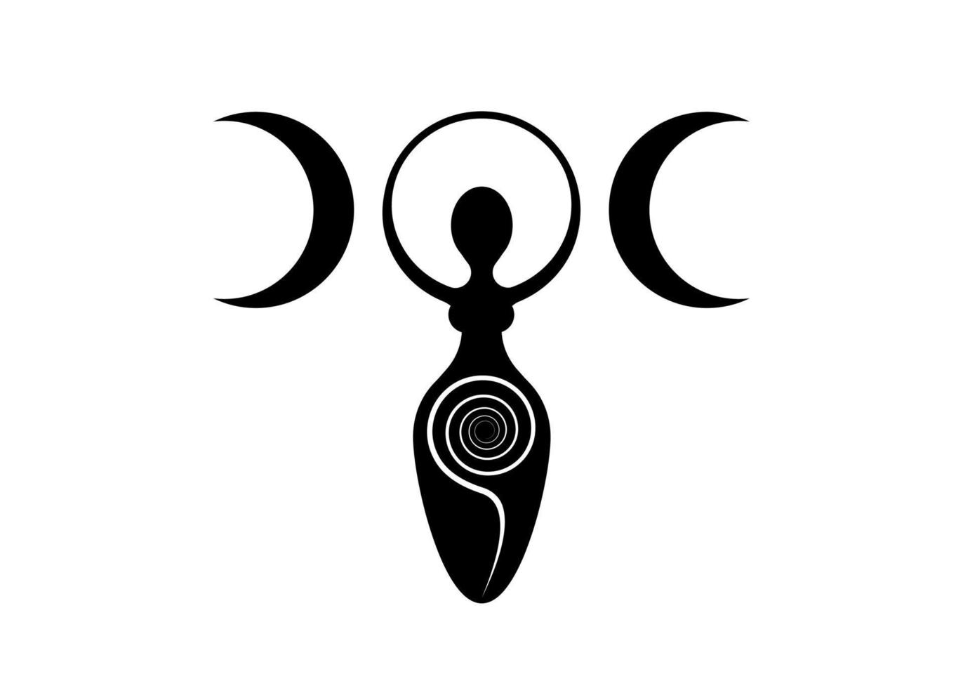 Wiccan Woman Logo triple moon goddess, spiral of fertility, Pagan Symbols, cycle of life, death and rebirth. Wicca mother earth symbol of sexual procreation, vector tattoo sign icon isolated on white