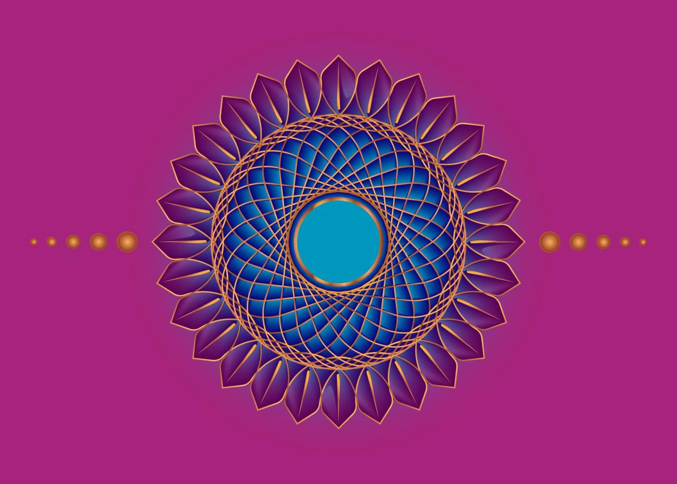 mandala de geometría sagrada, icono de círculo meditativo de oro de flor azul, diseño de logotipo geométrico, rueda religiosa mística, concepto de chakra indio, ilustración vectorial aislada en fondo púrpura vector