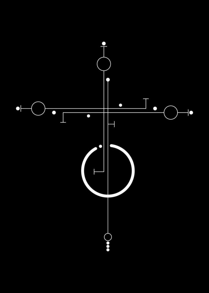 tatuaje de cruz minimalista lineal, geometría sagrada, centro místico, signo religioso blanco esotérico abstracto, ilustración de vector de icono pagano aislado en fondo negro