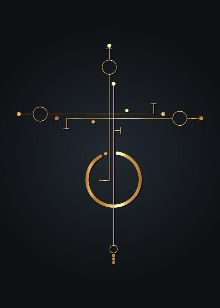 cruz asimétrica minimalista lineal de oro. geometría sagrada, centro místico, signo religioso dorado esotérico abstracto, ilustración de vector de icono pagano aislada en fondo negro