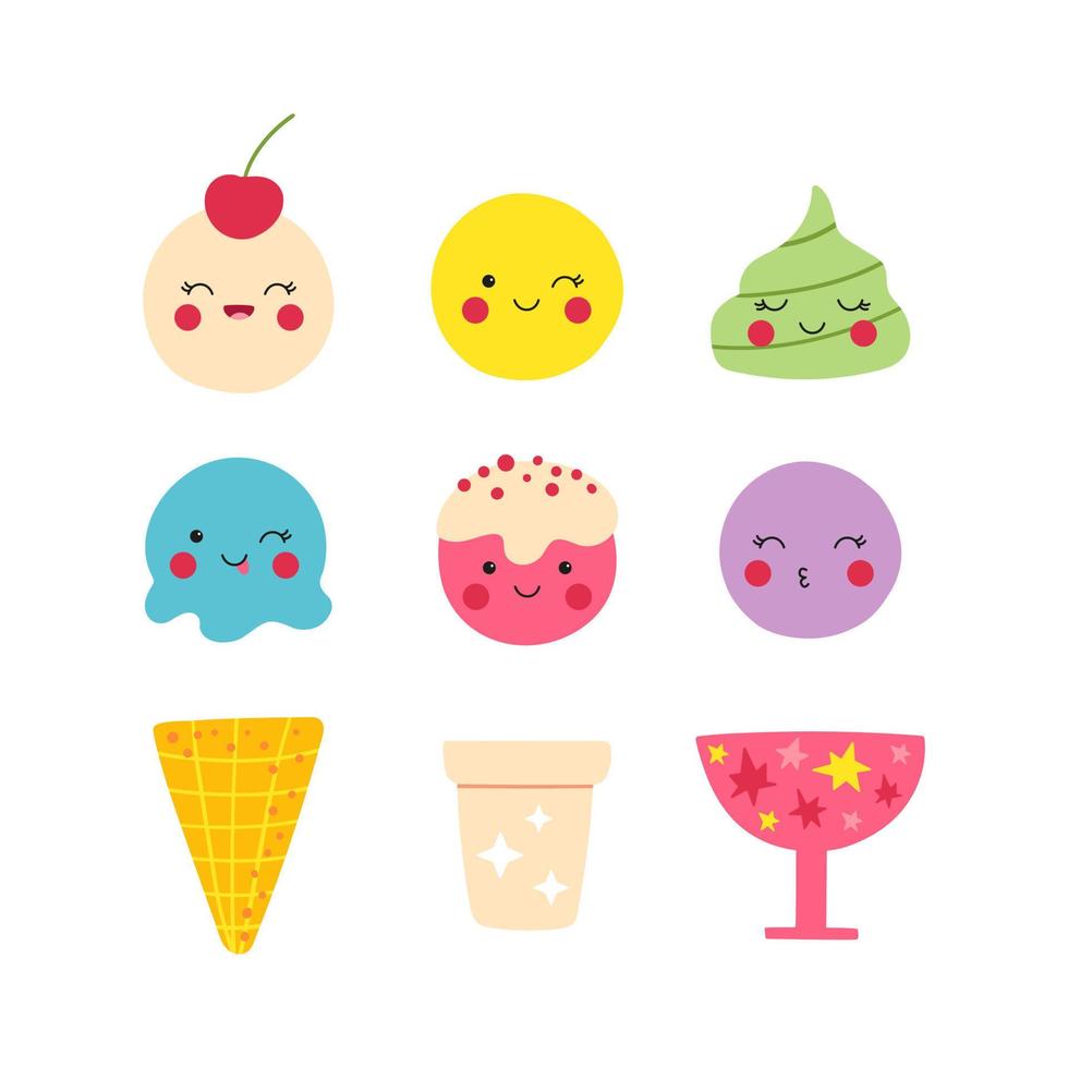 Kawaii ice cream creator set. Cute and funny kids vector illustration