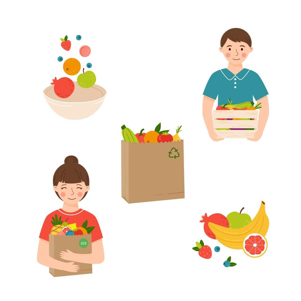 Healthy food illustration, lifestyle, eco-friendly packaging, recycling, zero waste concept vector