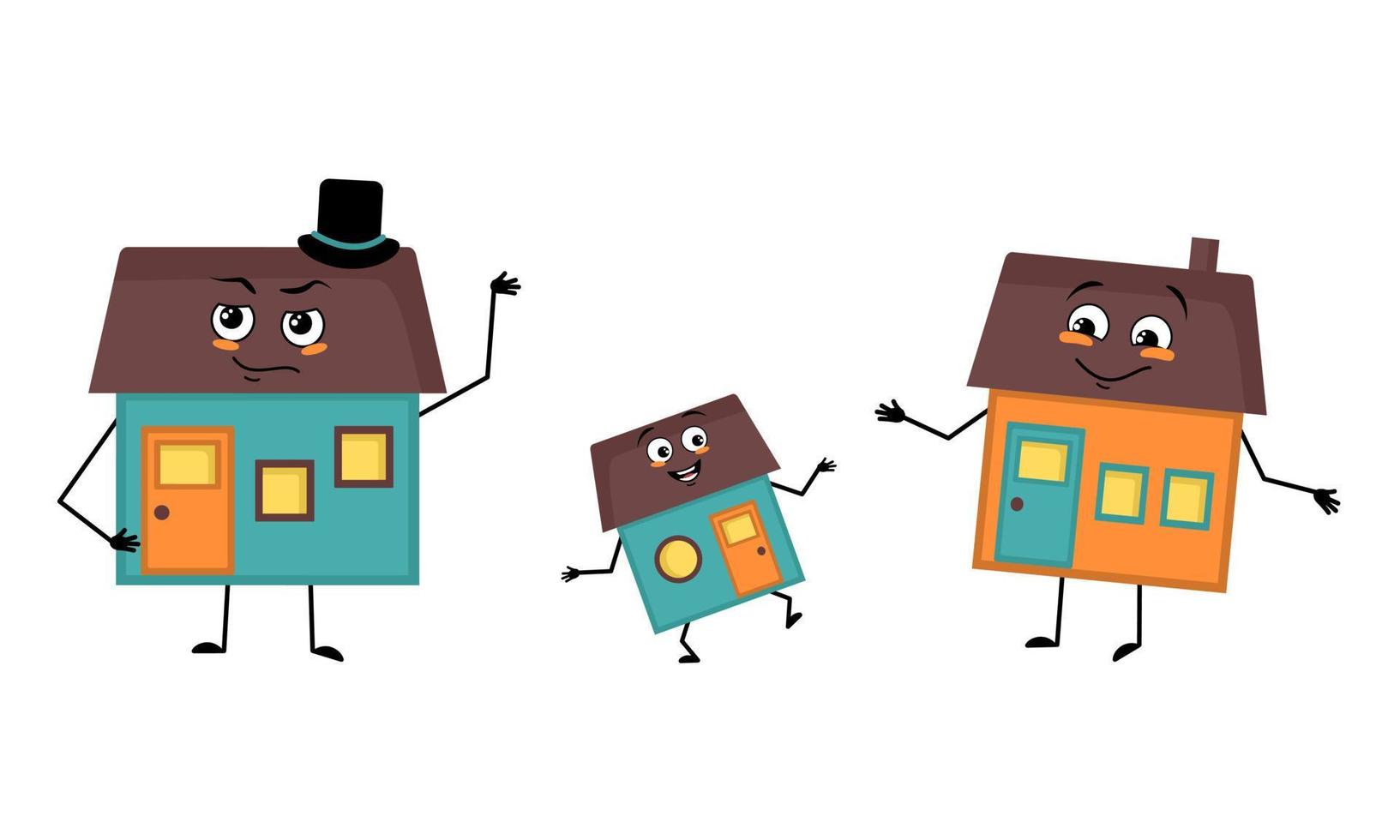 Family of house character with happy emotions, smile face, happy eyes, arms and legs. Mom is happy, dad is wearing hat and child with dancing pose. Vector flat illustration