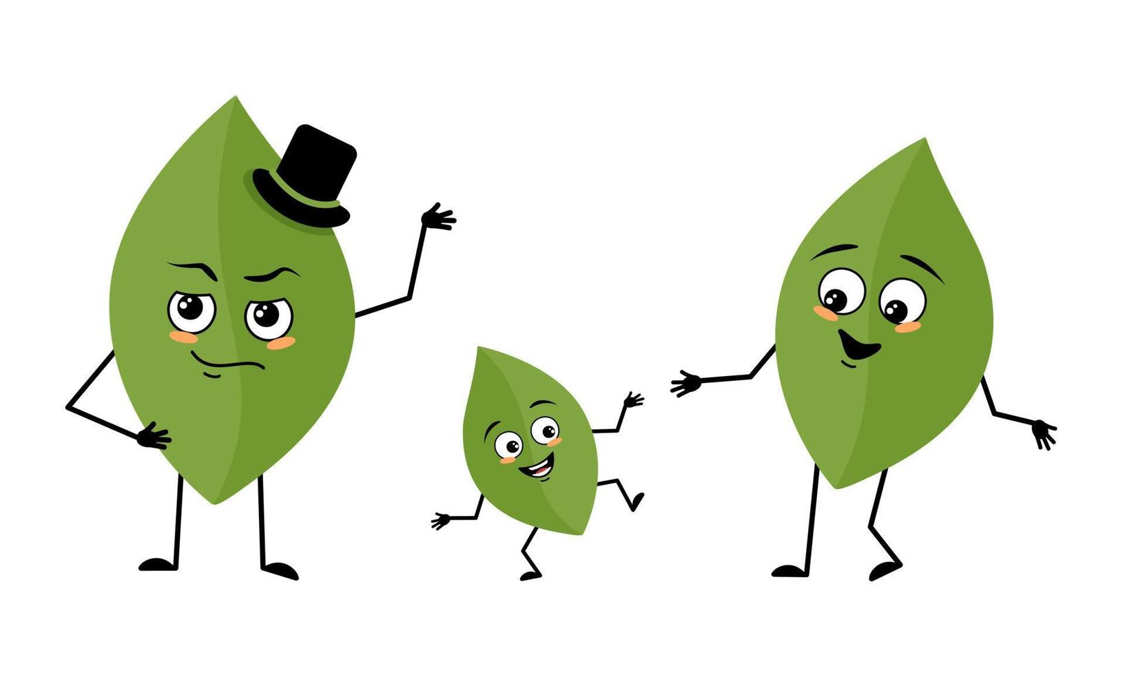 Family of green leaf character with happy emotions, smile face, happy eyes, arms and legs. Mom is happy, dad is wearing hat and child with dancing pose. Vector flat illustration