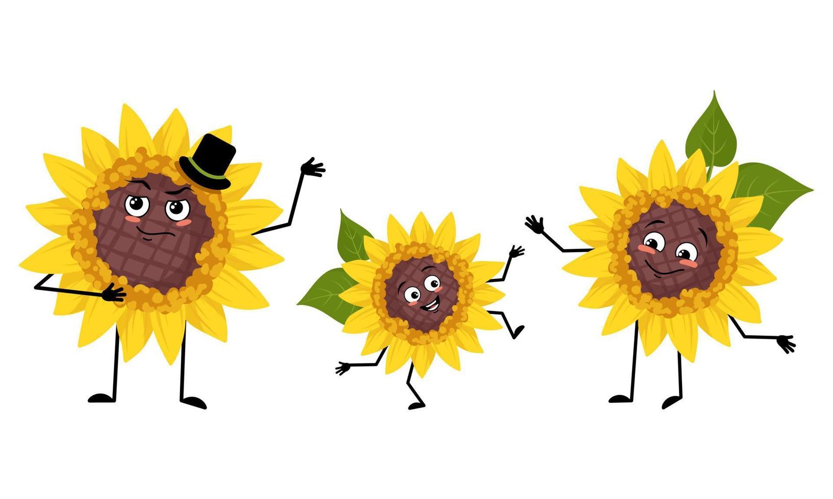 familia de personajes de girasol con emociones felices, cara sonriente, ojos felices, brazos y piernas. mamá está feliz, papá lleva sombrero y niño con pose de baile. ilustración plana vectorial vector