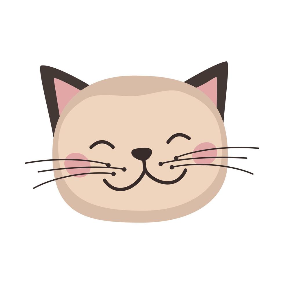 Head of cute cat in childish style with smile muzzle and eyes. Funny pet with happy face. Vector flat illustration for holidays