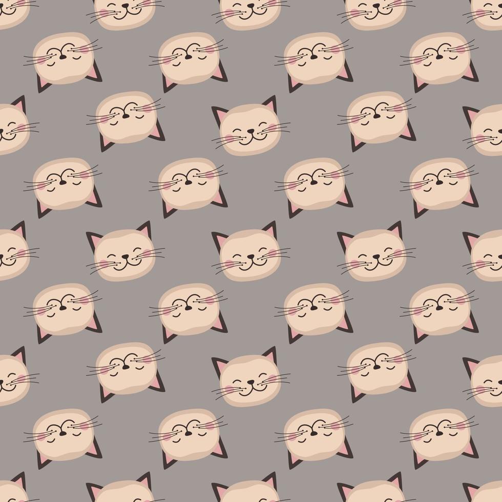 Seamless pattern with cute cat in childish style with smile muzzle and eyes. Funny print of pet with happy face. Vector flat illustration for holidays