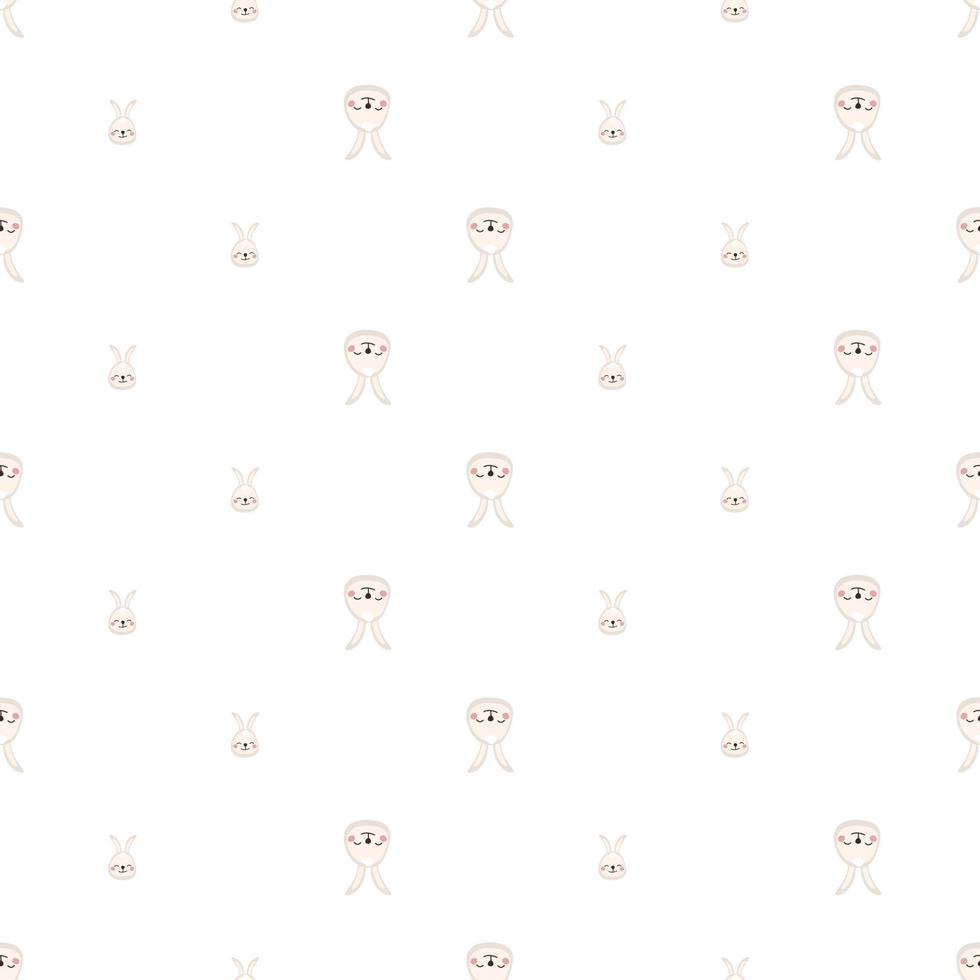 Seamless pattern with cute hare in childish style with smile muzzle and eyes on white background. Funny print of rabbit with happy face. Vector flat illustration for holidays