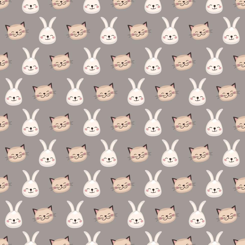 Cute seamless print with Head of rabbit and cat with smile muzzle and eyes. Print of funny hare and kitty with happy face. Vector flat illustration for holidays, children decoration
