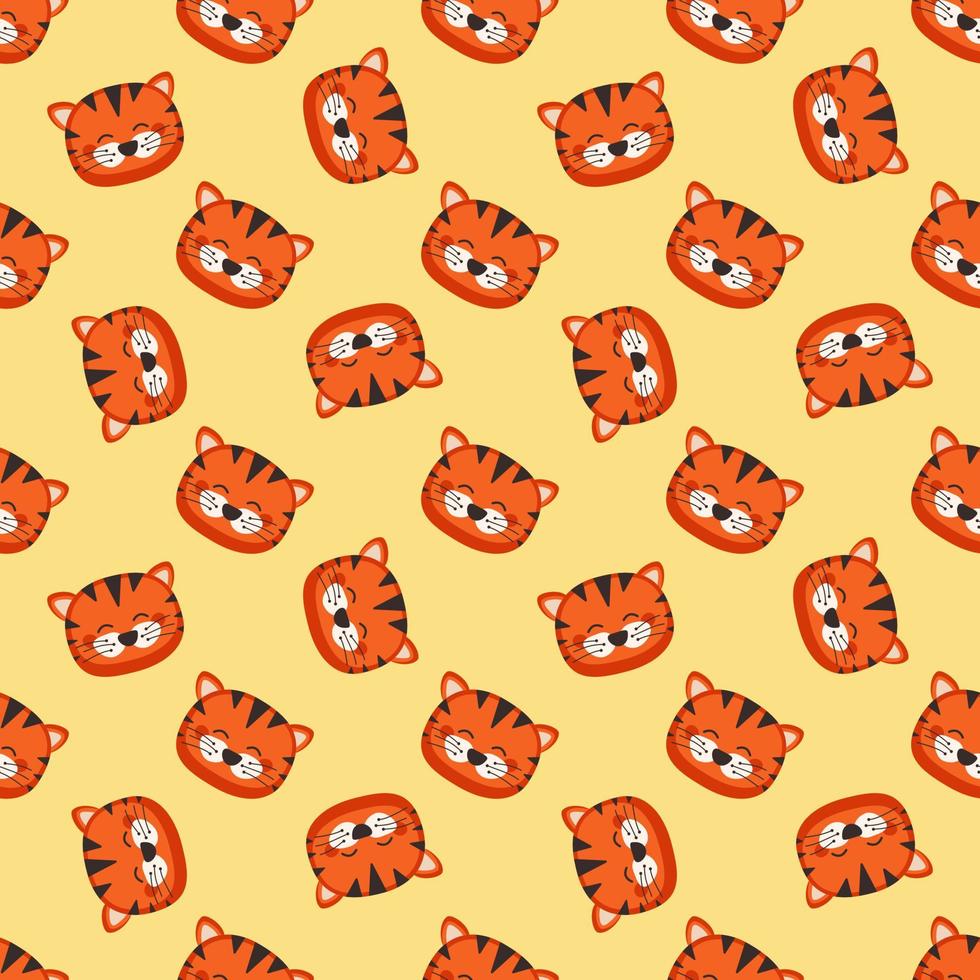 Seamless pattern with cute tiger in childish style with smile muzzle and eyes on yellow background. Funny print of wild animal with happy face. Vector flat illustration for holidays