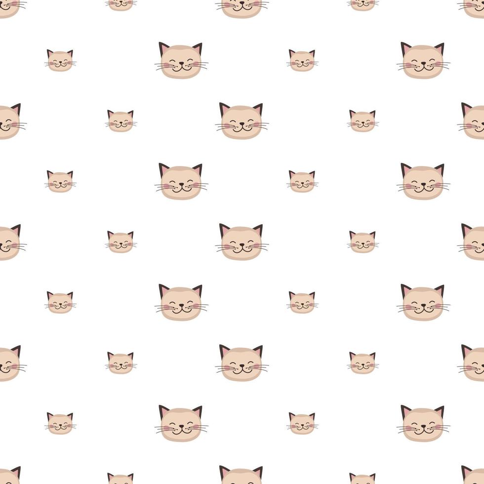 Seamless pattern with cute cat in childish style with smile muzzle and eyes on white background. Funny print of pet with happy face. Vector flat illustration for holidays