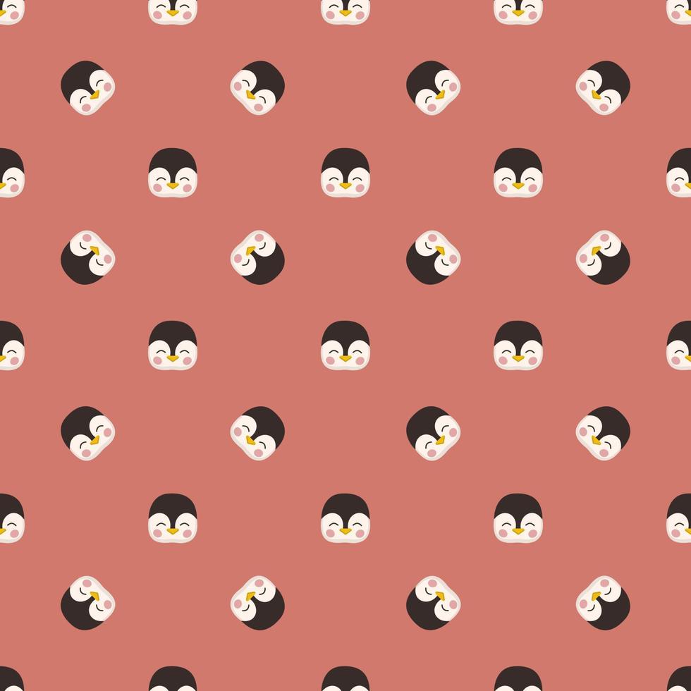 Seamless pattern with cute penguin in childish style with smile face and eyes on red background. Print of funny winter bird with happy face. Vector flat illustration for holidays