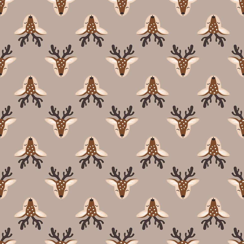 Seamless pattern with cute deer in childish style with smile muzzle, horns and eyes on background. Print of funny wild animal with happy face. Vector flat illustration for holidays